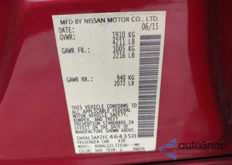 2015 Nissan Altima 2.5 S из США, поврежденный, VIN 1N4AL3AP2FC464350